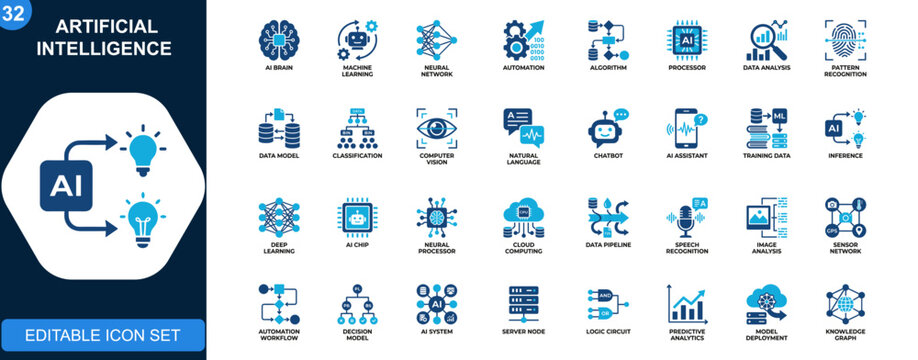 Artificial intelligence icon set, AI, machine learning, neural network, robotics, automation, algorithm, data analytics. Line outline icons collection. Vector.