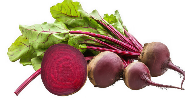 A vibrant bunch of beets with green leaves on transparent background