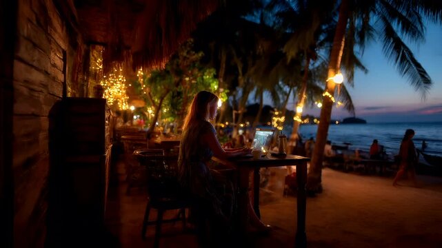 Spring Summer outdoor leisure relaxation activity. A vivid portrayal of a serene beachside setting at twilight. A woman sits at a wooden table, intently focused on her laptop.