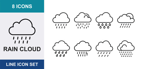 Fototapeta premium 8 Rain cloud linear icons raindrops, storm, weather forecast, sun, shower, UI and web interface design