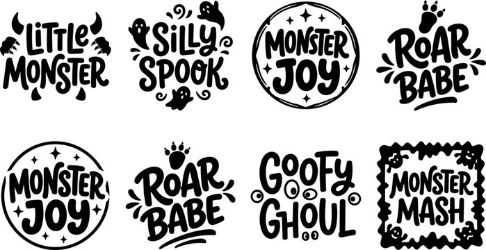 Black spooky halloween phrases little monster silly spook monster joy roar babe goofy ghoul monster mash vector art