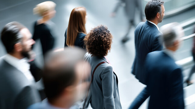 Top-down view of faceless employees and professionals moving through a corporate workplace, representing workforce mobility, organizational dynamics, staff management, and company