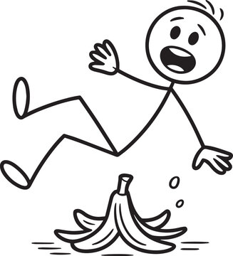 Shocked stick figure man falling down after slipping on a banana peel accident vector