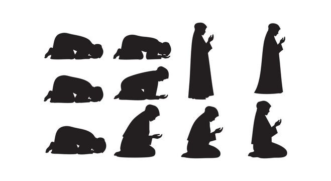 Muslim people praying in various poses vector illustration, set of traditional Islamic worship gestures.
