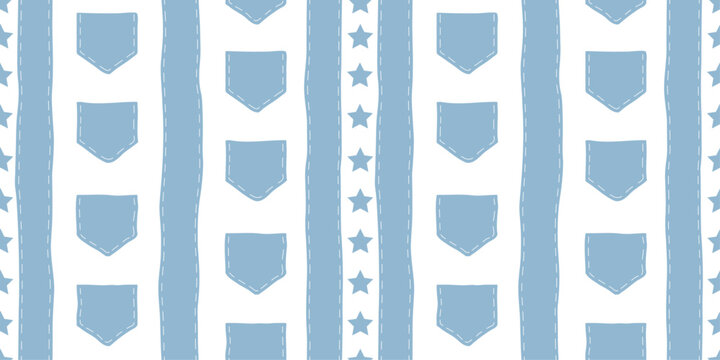 Seamless pattern with vertical stripes, pockets and stars. Perfect for kids fabric, clothing, wrapping and decor.