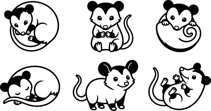 Cute black and white opossum line art collection with playful poses