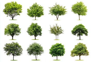 Fototapeta premium Collection of various green trees on white background showcasing different types and shapes in natural settings