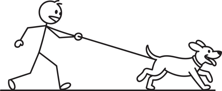 Stick figure person walking a happy dog on a leash, simple line art illustration with walking