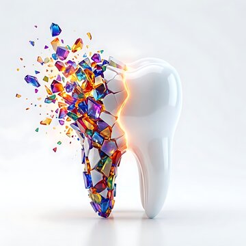 Luxury crystal tooth exploding into colorful gemstone fragments illustration