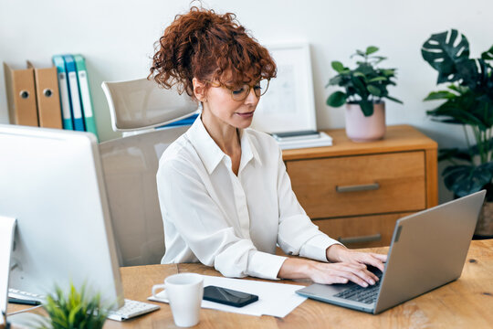 Elegant mature woman working on a computer in the office