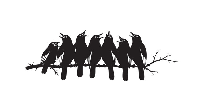 Silhouettes of seven birds perched on a branch singing together against a white background.