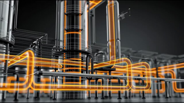 Futuristic industrial plant showing gas or oil flow through pipeline, representing energy transportation, refinery processing, and modern manufacturing technology