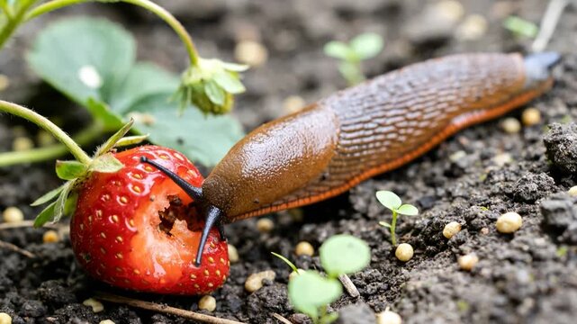 Large brown slug eating a ripe strawberry on garden soil, pest damage to fruit crop and vegetable garden threat in close up macro view