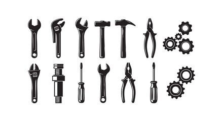 Obraz premium Various hand tools and mechanical gears, repair and construction equipment for workshop or industrial use.