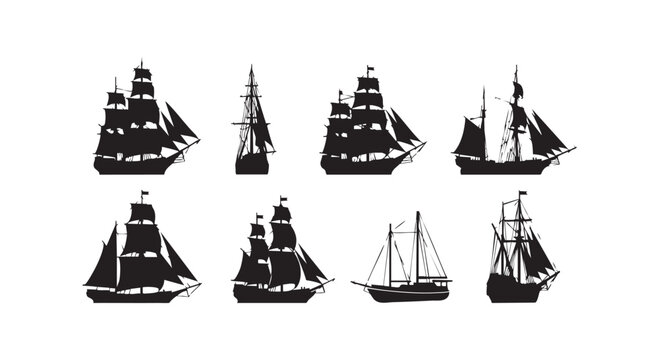 Vintage sailing ships silhouettes collection featuring historical tall ships and nautical vessels vector illustration.