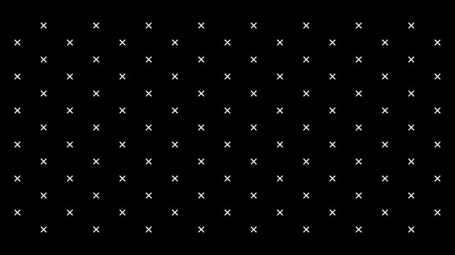 White X and plus symbol pattern seamless loop animation with dynamic motion on black background. 4K animated abstract geometric pattern for overlay filter, background, and motion graphics.