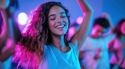 A young woman dancing joyfully at a vibrant party with colorful lights
