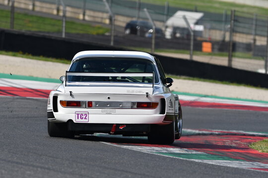 Scarperia, Italy - April 5th 2024: BMW 3.0 CSL year 1975 in action during Mugello Classic 2024 at Mugello Circuit in Italy.