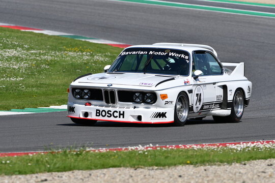 Scarperia, Italy - April 5th 2024: BMW 3.0 CSL year 1975 in action during Mugello Classic 2024 at Mugello Circuit in Italy.