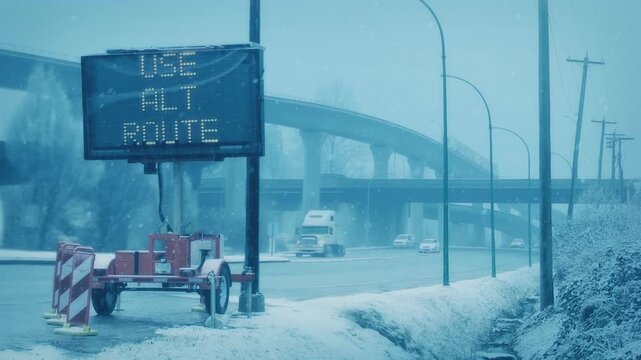 Snowy Highway With Passing Train And Road Sign