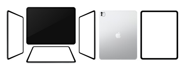 Naklejka premium Photorealistic detailed Apple iPad Pro M5 13 inches 2025 Silver mockup. Real dimentions. multiple views isolated on transparent background. Vector editorial PNG