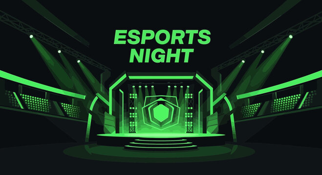 Vibrant Esports Arena Illustration Showcasing Night Event Setup with Stunning Green Lights