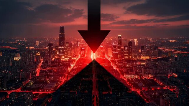 Red glowing city with downward arrow representing economic decline. Financial crash and deflation concept with metropolitan skyline falling into recession economic crisis.