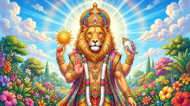 Lord Narasimha Divine Blessing &ndash; Hindu Mythology Temple Scene