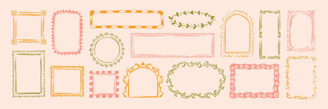 Hand drawn crayon mediterranean summer border set. Grecian, Italian style. Chalk, paint brush, charcoal grunge drawing. Spring floral boarder. Doodle sketch design element wedding, birthday invitation