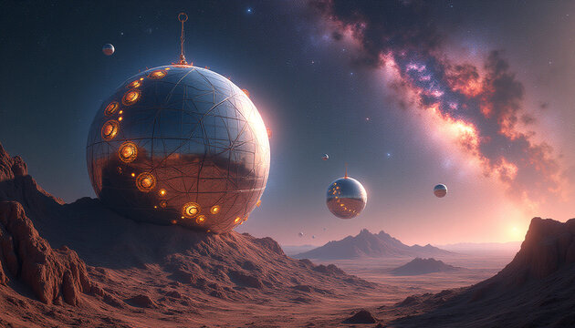 Futuristic Space Station Over Desert Horizon with Nebula Sky
