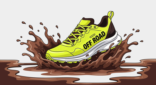 Vibrant Off Road Trail Shoe Splashing Through Brown Muddy Puddle On White Background