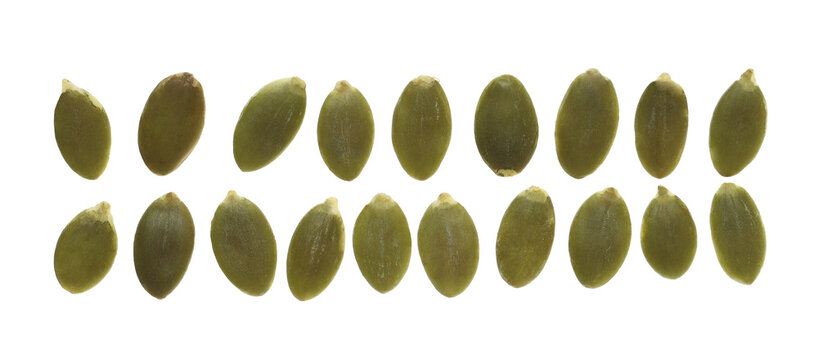 Set pumpkin seeds flying, isolated on white background, clipping path