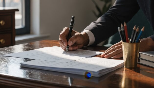 Medium shot of a closeup on hands signing charitable remainder trust paperwork the surrounding desk and papers gently out of focus to emphasize the act.