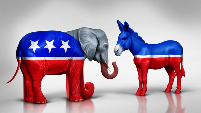 Symbolic meeting of elephant and donkey representing voters in harmony