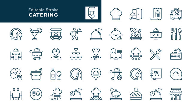 Catering. Set of outline icons. Catering service, food, delivery of ready meals, guest service, menu for event, banquet and more. Line icon in linear style. Vector collection	