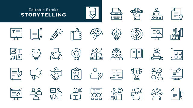 Storytelling. Set of outline icons. Copywriting, writing a book, writer, story, autor, idea, blog, content and more.  Line icon in linear style. Vector collection	
