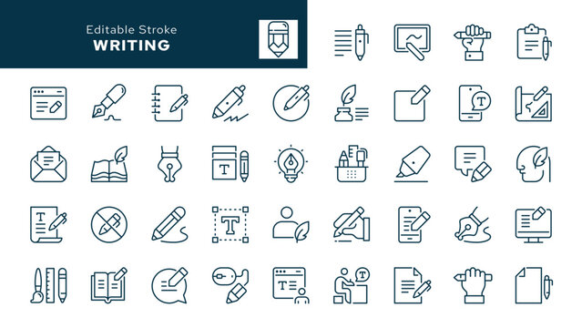 Writing. Set of outline icons. Write, writer, pen, pencil, autor, text, edit, nib, calligraphy, document, note, fountain pen and more. Line icon in linear style. Vector collection	