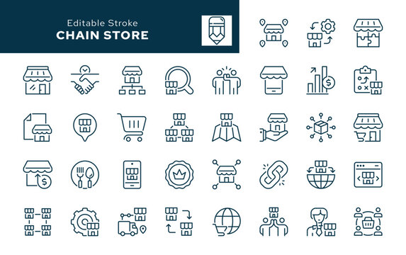 Chain store. Set of outline icons. Franchise, brand, consumer, trade mark, market, retail, public catering market, distribution and more. Line icon in linear style. Vector collection	
