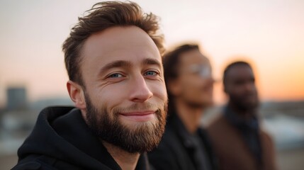 Fototapeta premium A smiling man captures a moment of connection and success with colleagues against a warm sunset backdrop