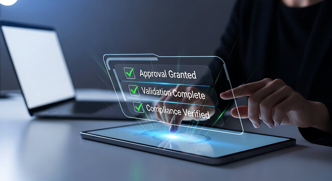 Digital approval and compliance verification on a holographic display above a tablet