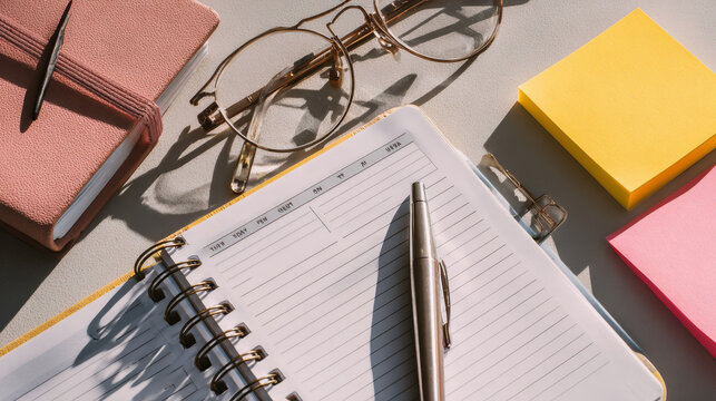 Open notebook with lined pages and a silver pen placed on a bright desk, surrounded by eyeglasses, sticky notes, and a pink planner. Morning sunlight creates soft shadows