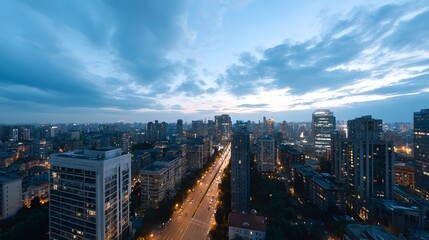 Obraz premium A sweeping panoramic view of a modern metropolis at twilight showcasing illuminated avenues and dramatic cloud coverage