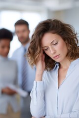 Obraz premium Young caucasian female adult troubled in office with blurred coworkers behind her appearing worried reflective and distracted during a workplace meeting or review
