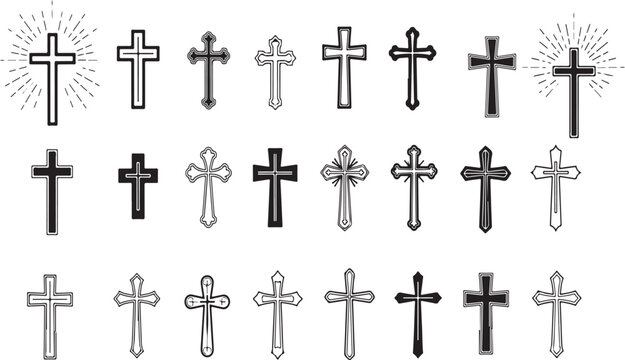 Collection of various cross symbols in different styles and designs on white background