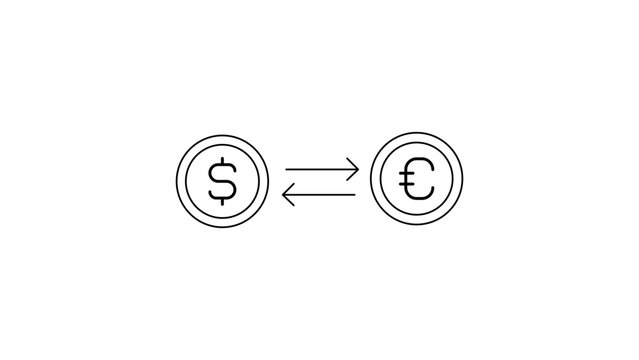 Minimalist black line vector icon illustration of a dollar coin and a euro coin with exchange arrows, representing currency conversion, foreign exchange market, and global finance on white.