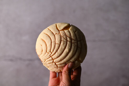 Hand holding a traditional Mexican vanilla concha on a gray background. Food photography low key
