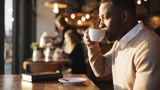 Adult man enjoying a quiet morning coffee in a sunlit urban caf&eacute;, seated by the window with a notebook and cup on a wooden table, warm ambient lights, relaxed contemplative mood.