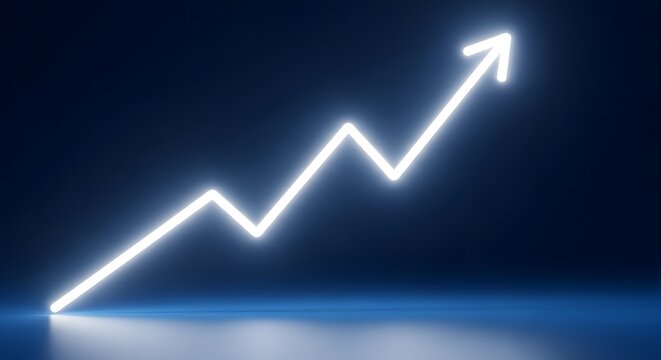 Glowing white arrow graph trending upwards on a dark blue gradient background