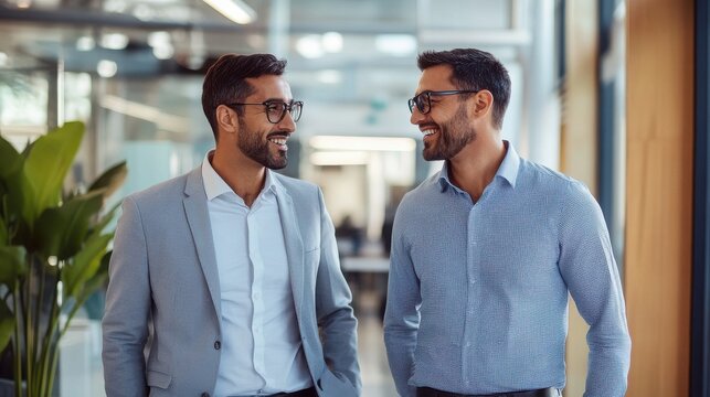 Two businessmen walking and talking in a modern office building
