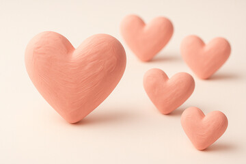 Obraz premium Five pink hearts on white background. 3D hearts made of pink plasticine. Applicable for Valentine's Day